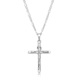 XP Jewelry Mens Sterling Silver Crucifix Pendant Figaro Chain Necklace Italian Made - Choose Width and Length