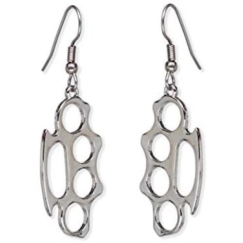 Brass Knuckles Polished Silver Finish Dangle Earrings