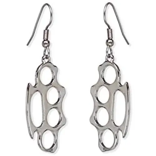 Brass Knuckles Polished Silver Finish Dangle Earrings Brass Knuckles Polished Silver Finish Dangle Earrings