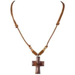 BlueRica Wood Cross Pendant on Adjustable Corded Necklace with Wood Beads