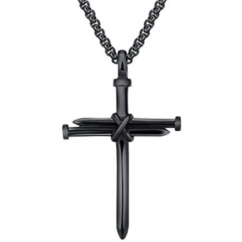 PAMTIER Mens Stainless Steel Nail Cross Pendant Necklace Christian Jesus Christ Silver Gold Black