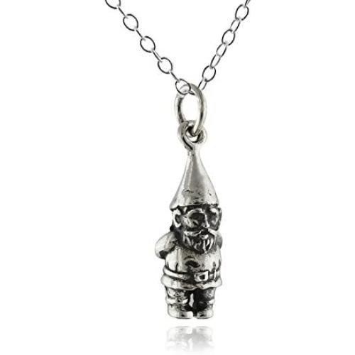 FashionJunkie4Life Sterling Silver Tiny 3D Garden Gnome Charm Necklace, 18'' Chain, Fairy Tale Jewelry