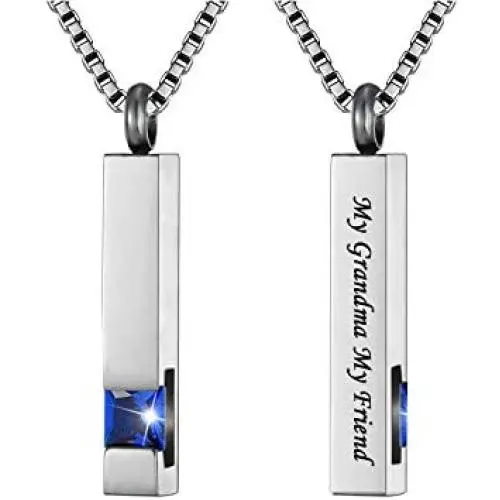 Silver Square Bar With Dark Blue Zircon Cremation Urn Necklace for Ashes Memorial Pendant stainless steel Jewelry