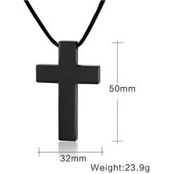Mealguet Jewelry Stainless Steel Simple Thick Polished Cross Pendant Necklace with Black Leather Cord, Black