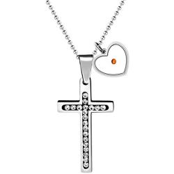 Stainless Steel Cross Faith Pendant Necklace, Cubic Zirconia Pave-Setting, Heart Mustard Seed Pendants Y917