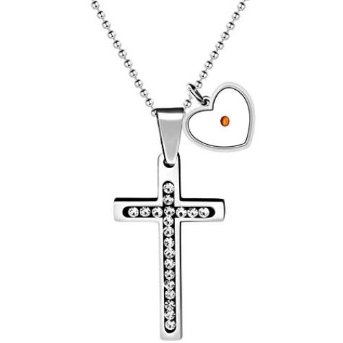 Stainless Steel Cross Faith Pendant Necklace, Cubic Zirconia Pave-Setting, Heart Mustard Seed Pendants Y917