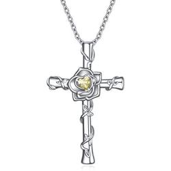 UCADRIT Cross with Rose Necklace 925 Sterling Silver with Simulated Birthstone Cross Jewelry for Women