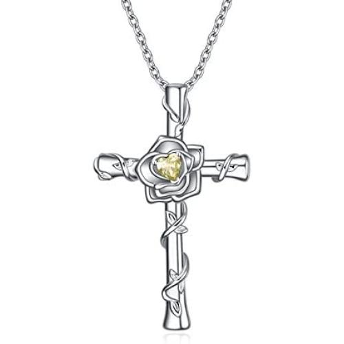 UCADRIT Cross with Rose Necklace 925 Sterling Silver with Simulated Birthstone Cross Jewelry for Women