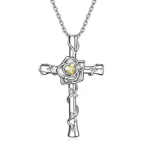 UCADRIT Cross with Rose Necklace 925 Sterling Silver with Simulated Birthstone Cross Jewelry for Women UCADRIT Cross with Rose Necklace 925 Sterling Silver with Simulated Birthstone Cross Jewelry for Women