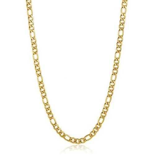 The Bling Factory 7mm 24k Yellow Gold Plated Stainless Steel Flat Figaro Chain Necklace