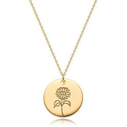 MYEARS Women Coin Necklaces Gold Birth Month Flower Bouquet Disc Round Medal Pendant Engraved Floral 14K Gold Plated Combined Personalized Jewelry Birthday