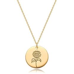 MYEARS Women Coin Necklaces Gold Birth Month Flower Bouquet Disc Round Medal Pendant Engraved Floral 14K Gold Plated Combined Personalized Jewelry Birthday