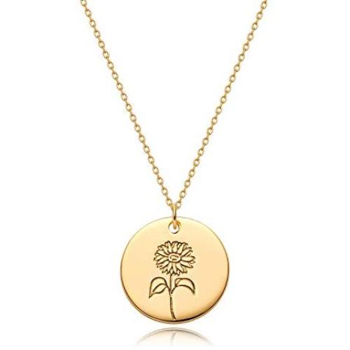 MYEARS Women Coin Necklaces Gold Birth Month Flower Bouquet Disc Round Medal Pendant Engraved Floral 14K Gold Plated Combined Personalized Jewelry Birthday