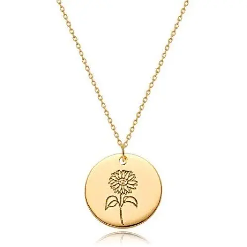 MYEARS Women Coin Necklaces Gold Birth Month Flower Bouquet Disc Round Medal Pendant Engraved Floral 14K Gold Plated Combined Personalized Jewelry Birthday