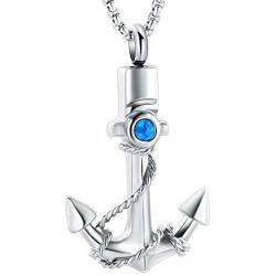 Urn Jewelry for Men, Anchor Urn Necklace for Ashes with Blue Opal Cremation Jewelry Memorial Keepsake Pendant