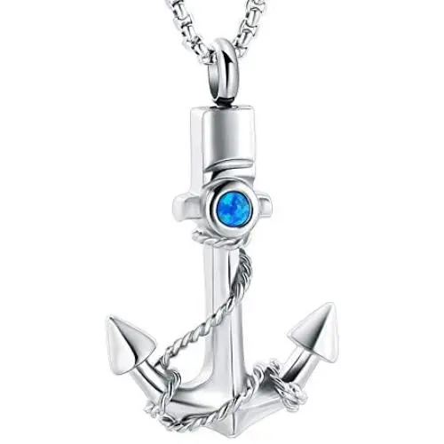 Urn Jewelry for Men, Anchor Urn Necklace for Ashes with Blue Opal Cremation Jewelry Memorial Keepsake Pendant