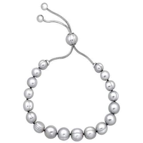 Honora 7-10 mm Freshwater Grey Cultured Pearl Bolo Bead Bracelet with Slider in Stainless Steel