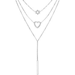 JZMSJF Layered Necklace S925 Sterling Silver 3 Multi Layer Boho Long Necklace with Circle Bar CZ Pendant Chic Fashion Gift for Women Girls Wife Girlfriend