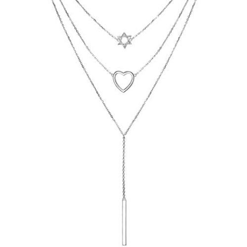 JZMSJF Layered Necklace S925 Sterling Silver 3 Multi Layer Boho Long Necklace with Circle Bar CZ Pendant Chic Fashion Gift for Women Girls Wife Girlfriend
