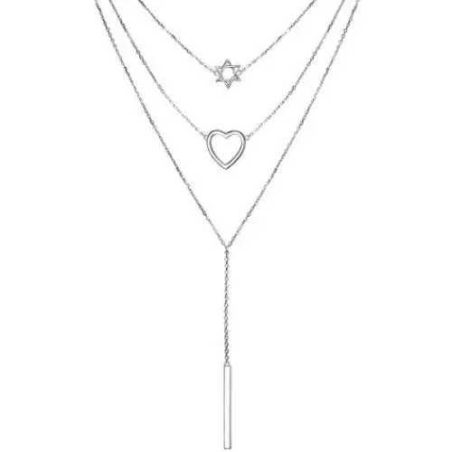 JZMSJF Layered Necklace S925 Sterling Silver 3 Multi Layer Boho Long Necklace with Circle Bar CZ Pendant Chic Fashion Gift for Women Girls Wife Girlfriend