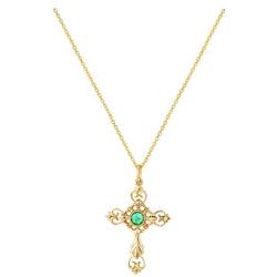 Carleen 14K Solid Real Yellow Gold Vivid Green Emerald May Birthstone Oval/Cross/Halo/Princess Cut Pendant Necklace Delicate Dainty Fine Jewelry for Women Girls, 16/18 INCH
