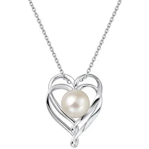 FANCIME Pearl Necklace 9-10mm Genuine Freshwater Pearl in Sterling Silver Birthstone Necklace for Women Heart Infinity Necklace June Birthstone Fine Jewelry for Women