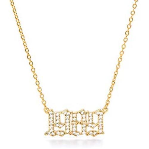 Qermolas Stainless Steel Birth Year Necklace Charm Old English Cubic Zirconia Pendant Necklace