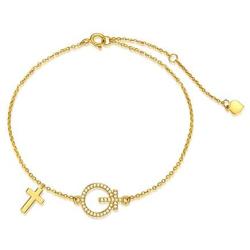BEBEWO 10K 14K 18K Yellow Gold Cross Bracelet, Honey Bee Bracelet, Flower Bracelet, Gold Bracelet Jewelry for Women, 6.5''+1''+1''
