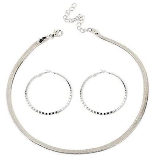 2 Pcs 14K Gold/Silver Plated Adjustable 5MM Flat Snake Chain Herringbone Choker Necklace & Geometric Big Hoop Earrings Simple Dainty Jewelry Set for Women Girl
