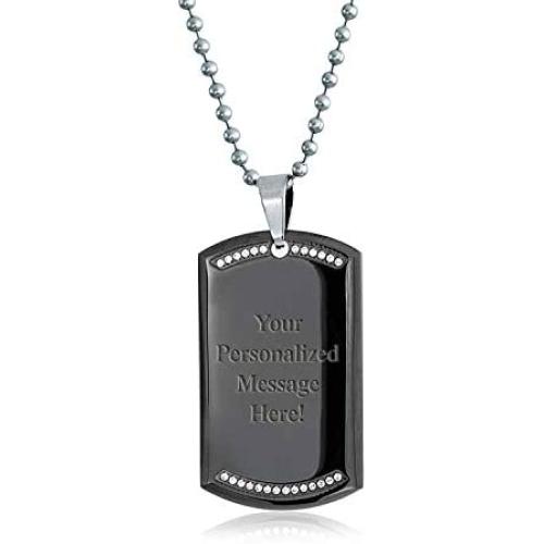Bling Jewelry Personalized Engrave Hip Hop CZ Accent Military Army Black Dog Tag Pendant Necklace for Men Stainless Steel with Chain