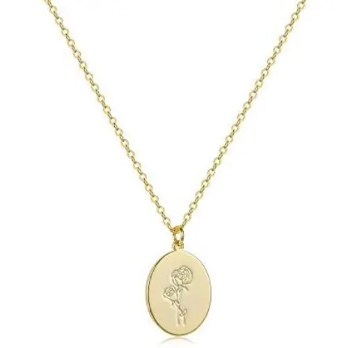 S.J JEWELRY 14K Gold Plated Guardian Flower Necklace Disc Coin Pendant Personalized Gift for Women Girls 12 Months Constellation Birthday Lucky Flower Necklace