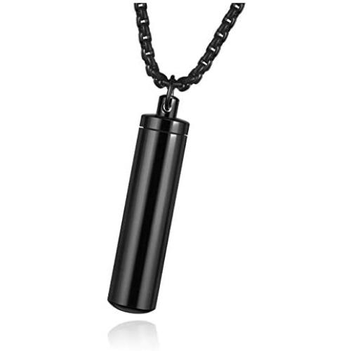 Personalized Sealed Cylinder Tube Locket Cremation Urn Necklace for Ashes Silver Black Engraving Capsule Tube Vial Pendant Ash Urns Keepsake Jewelry Memorial Necklaces with 22/24 inches Chain Link