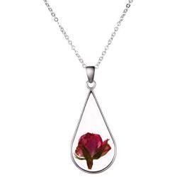 AILUOR Silver Pressed Rose Flower Teardrop Pendant Necklace, Creative Natural Real Dried Flower with Transparent Glass Surface Womens/Girls Fashion Necklace for Wedding Bridesmaid Jewelry