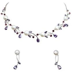 Faship Gorgeous CZ Crystal Freshwater Pearls Floral Necklace Earrings Set