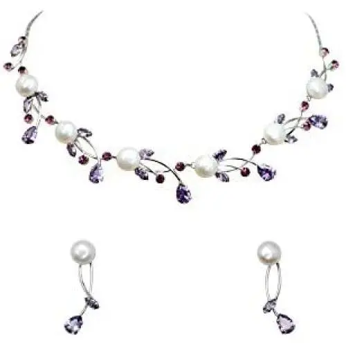 Faship Gorgeous CZ Crystal Freshwater Pearls Floral Necklace Earrings Set Faship Gorgeous CZ Crystal Freshwater Pearls Floral Necklace Earrings Set