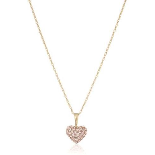 Jewelili 10k Yellow Gold Swarovski Elements Crystal 10mm with Puffed 14k Gold Filled Chain Heart Pendant