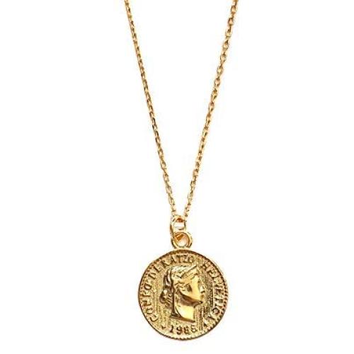 Carved Gold Coin Pendant Necklace for Women Girls Men 925 Sterling Silver 18K Gold Plated Simple Round Chain Goddess Worship Celebrity Medal Reversible Keepsake Chic Choker Fashion Jewelry Gifts Box