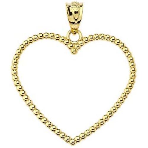 Elegant Two-Sided Beaded Open Heart Charm Pendant (1.1'') in 14k Yellow Gold