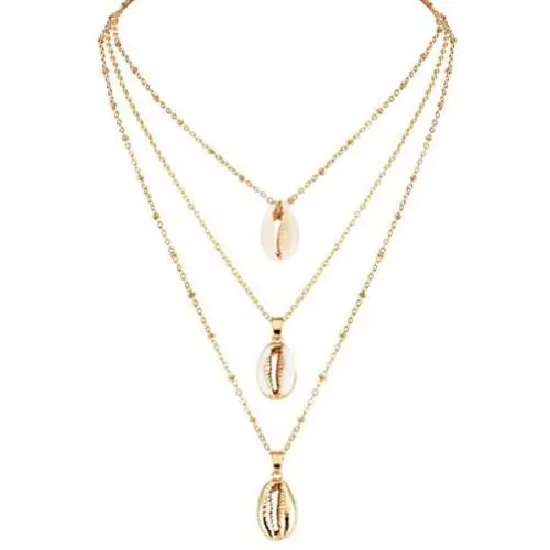 Vagalbox Layered Necklace with Shell, Y Pendant Long Chain Necklace,14k Gold Plated Necklaces for Women Girls