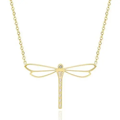 SAM & LORI Dragonfly Necklace Pendant 14K Gold Plated Dainty Cubic Zirconia Friendship Love Necklace Charm Personalized Adjustable Jewelry Present Gift for Women Teen Girls Kids Child