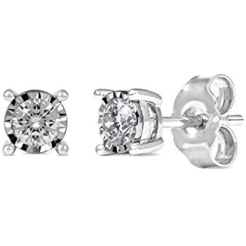 1/10 CT.TDW. Round-cut Diamond Solitaire Stud Earrings with Silver Rhodium