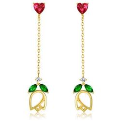 18K Gold Plated Tassel Drop Earrings for Women, Heart Shaped Ruby Dangle Earrings with Green Emerald and CZ Rose Flower