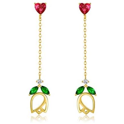 18K Gold Plated Tassel Drop Earrings for Women, Heart Shaped Ruby Dangle Earrings with Green Emerald and CZ Rose Flower