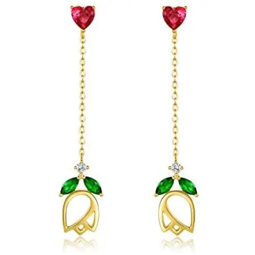 18K Gold Plated Tassel Drop Earrings for Women, Heart Shaped Ruby Dangle Earrings with Green Emerald and CZ Rose Flower 18K Gold Plated Tassel Drop Earrings for Women, Heart Shaped Ruby Dangle Earrings with Green Emerald and CZ Rose Flower