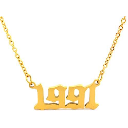 HUTINICE Birth Year Necklace, Old English Number Silver Pendant Necklace for Women and Girl Birthday Gift 18 inch Gold Chain Stainless Steel Friendship Jewelry