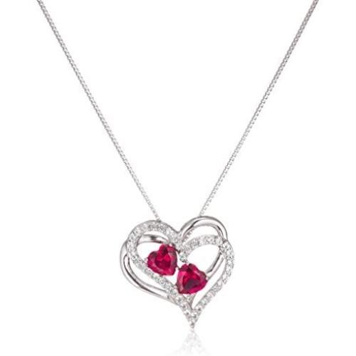 Sterling Silver Created Ruby and White Sapphire Double Heart Pendant Necklace, 18''