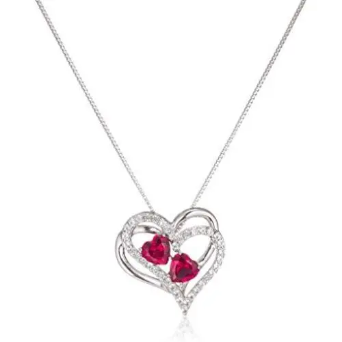 Sterling Silver Created Ruby and White Sapphire Double Heart Pendant Necklace, 18'' Sterling Silver Created Ruby and White Sapphire Double Heart Pendant Necklace, 18''