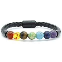 Muyasea 7 Chakra Bracelet Healing Balancing Genuine Leather Bracelets with Magnetic Clasp , Best Gifts Natural Stone Bracelets