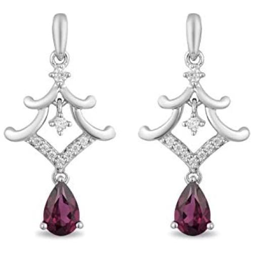 Jewelili Enchanted Disney Fine Jewelry Sterling Silver 1/10 CTTW Diamond and Rhodolite Garnet Mulan Pagoda Earrings