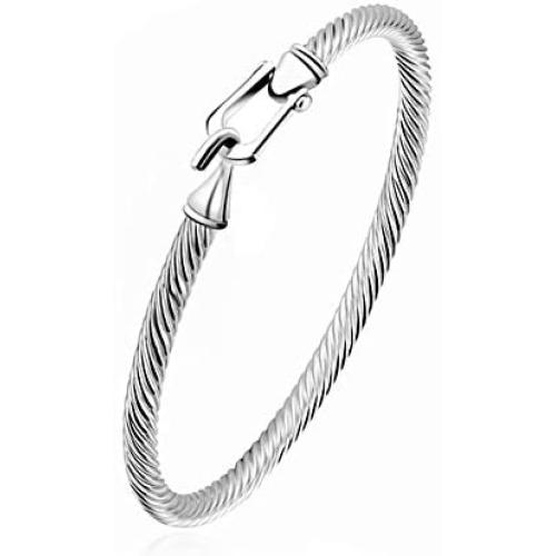 Tiyad Stainless Steel Twisted Bracelet Cable Bangle with Hook Clasp for Women Girl Jewelry. (SILVER)